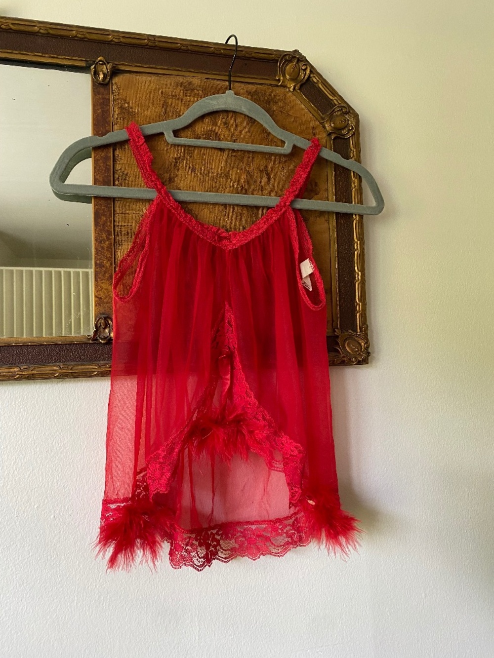 Vintage 1970s Exotique of New York Red Feather Babydoll Camisole O/S Lace